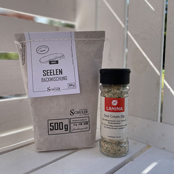 Backmischung Dinkelseelen 500 g Tüte mit Gewürzmischung Sour Cream Dip im Gewürzglas vom Hersteller Lanina