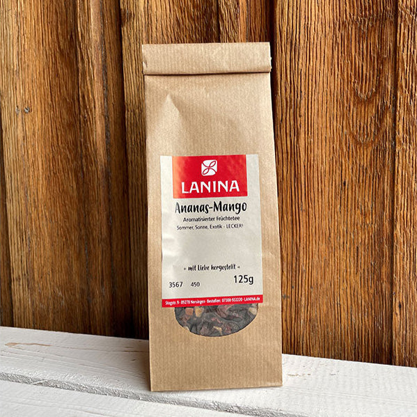 Ananas-Mango Tee in Teetüte mit Etikett von Hersteller Lanina
