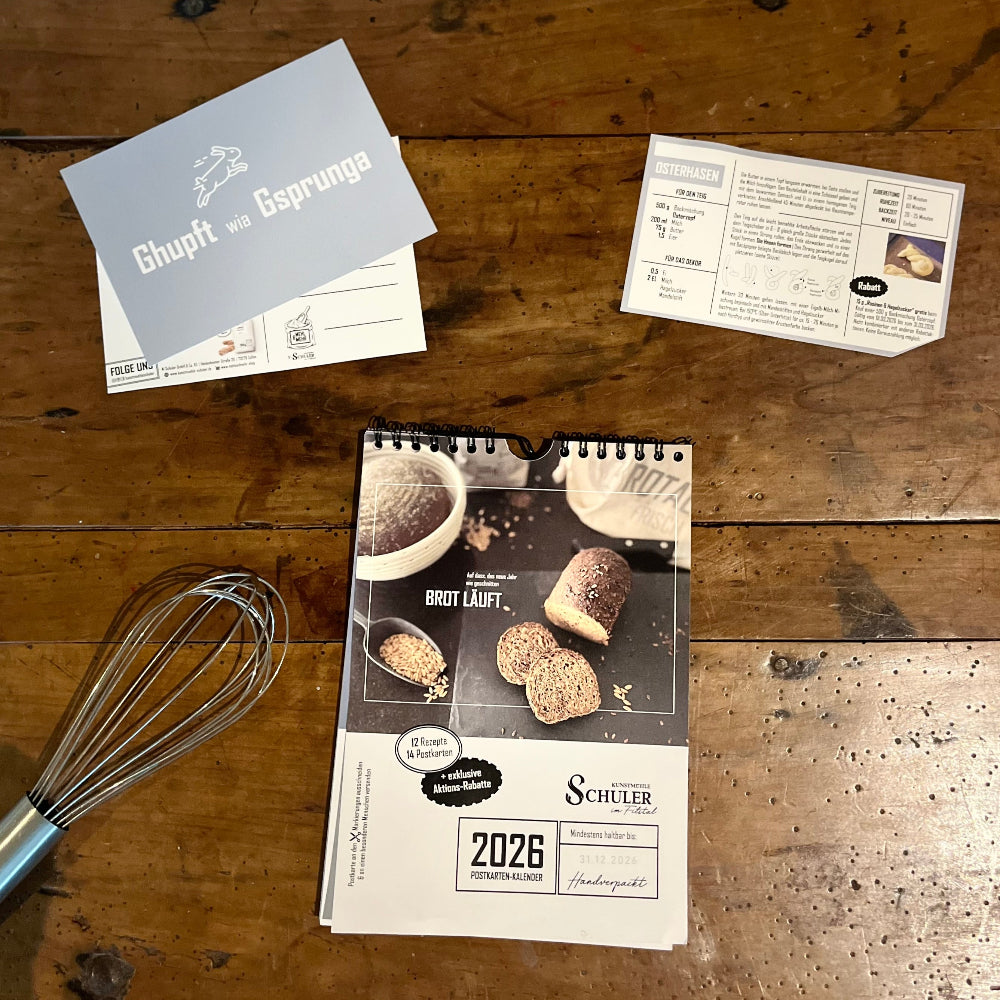 Backkalender 2026 der Traditionsmühle Schuler mit Postkarten, Rezepten und Rabatten 
