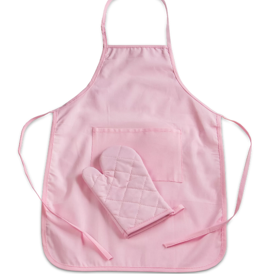 Kleine Küchenfee Set, bestehend aus Schürze und Backhandschuh in Rosa von der Firma Städter.