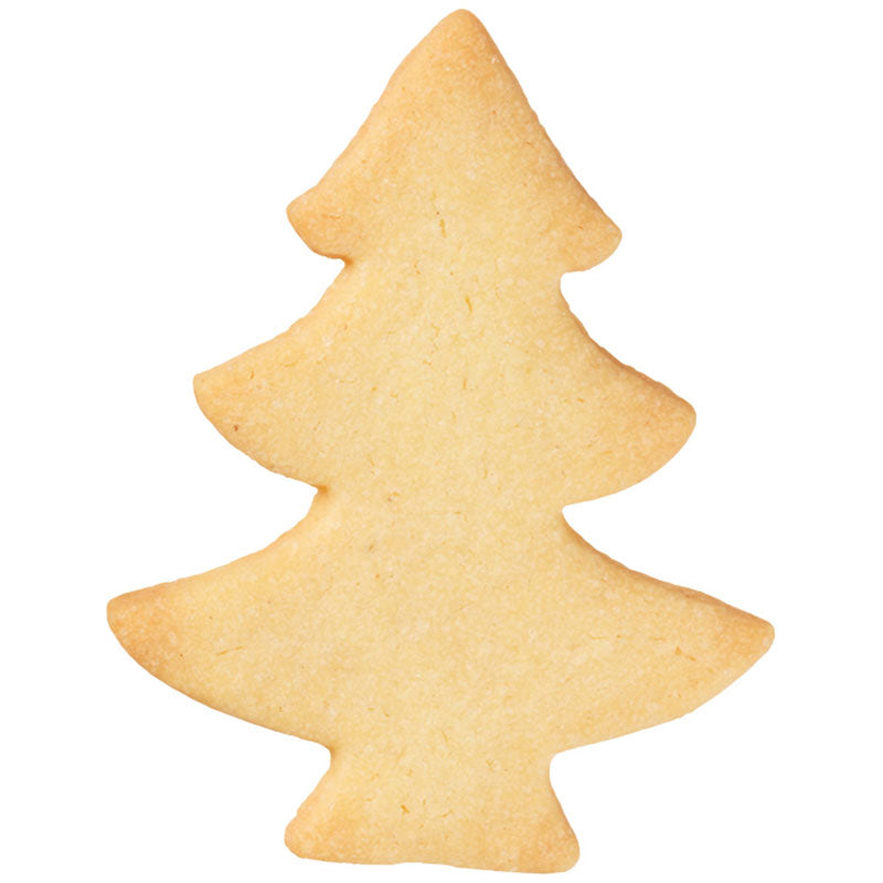 Ausstecherform Tannenbaum, dieser ist 6  cm groß und aus rostfreiem Edelstahl, hier ist der fertige Keks zu sehen.