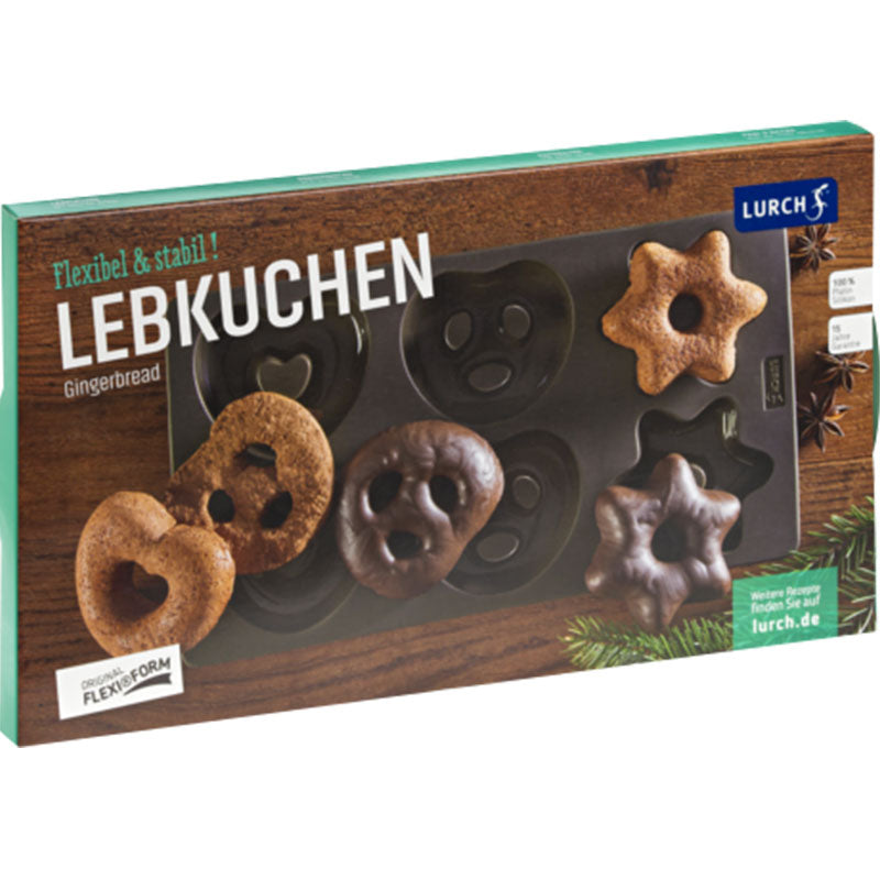 Lebkuchen Flexiform aus Premium Silikon, auf der Verpackung sind fertig gebackene Lebkuchen in Herz- Brezel- und Sternform mit und ohne Schokoladenglasur abgebildet. Die Form ist von Lurch.