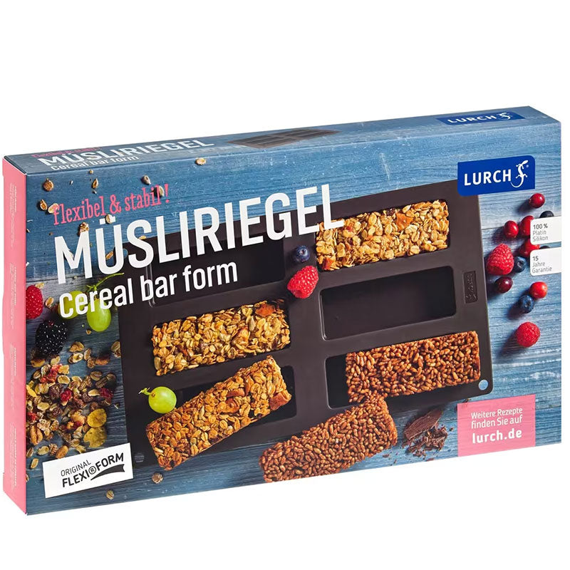 Müsliriegel Flexiform aus Premium Silikon, auf der Verpackung sind fertig Müsliriegel in unterschiedlichen Varianten abgebildet. Die Form ist von Lurch.