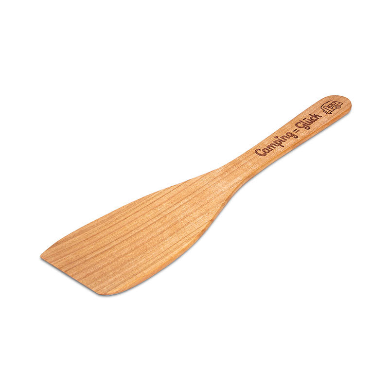 Pfannenwender 30 cm länge aus Kirschbaumholz Oberfläche mit Weißöl geölt mit Lasergravur Camping = Glück und Wohnwagenmotiv