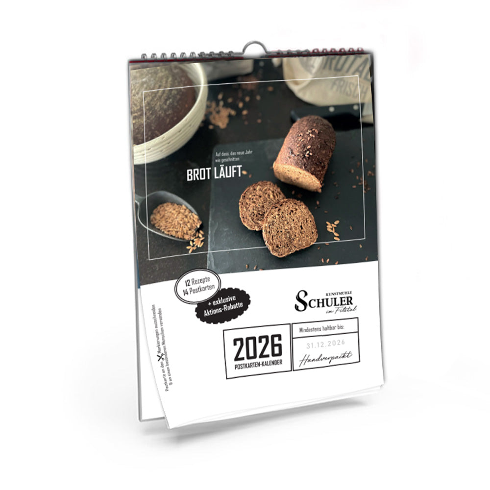 Titelblatt des Postkartenkalenders 2026 mit  flotten Sprüchen als Postkarten, Rezepten und exklusiven Rabatten