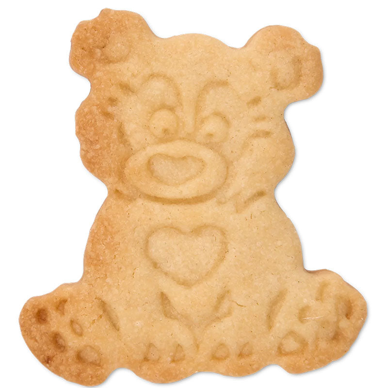 Keksstempel Bär , ca 6 cm in der Farbe braun, der Bär hat ein Herz als Nase und der Stempel funktioniert durch drücken des Hebels, dadurch wird der Bär auf den Teig gepresst und an der Seite direkt ausgeschnitten. Fertiger Keks