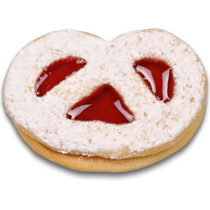 Keksstempel Brezel, ca. 6,5 cm in der Farbe silber + rot, der Stempel funktioniert durch drücken des Hebels, dadurch wird der Teig passend als Brezel ausgeschnitten. fertiger Keks