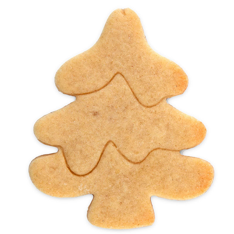 Prägeausstrecher Tannenbaum in 6,5 cm aus rostfreiem Edelstahl. Der Ausstecher schneidet den Teig seitlich ab und setzt gleichzeitig die Prägung darauf, so entsteht ein typischer Tannenbaum.