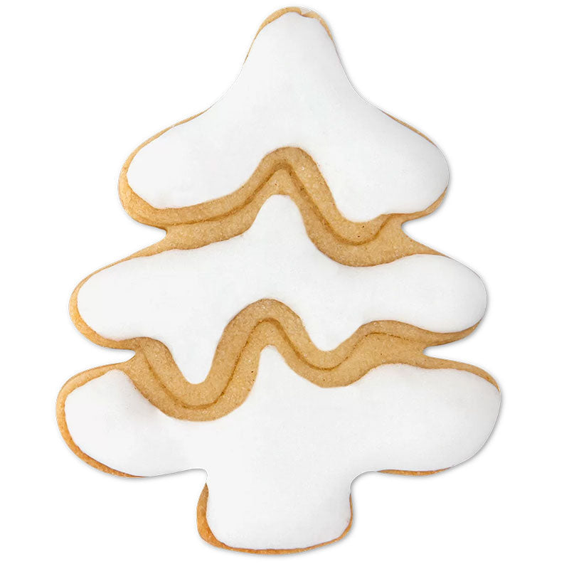 Prägeausstrecher Tannenbaum in 6,5 cm aus rostfreiem Edelstahl. Der Ausstecher schneidet den Teig seitlich ab und setzt gleichzeitig die Prägung darauf, so entsteht ein typischer Tannenbaum, dieser ist verziert mit weißer Glasur.