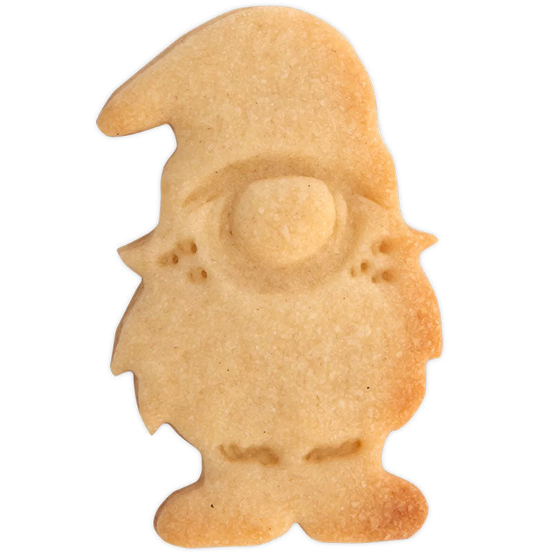 Keksstempel Wichtel, ca 6 cm in der Farbe rot, der Stempel funktioniert durch drücken des Hebels, dadurch wird das Motiv auf den Teig gepresst und an der Seite direkt ausgeschnitten. Fertiger Keks