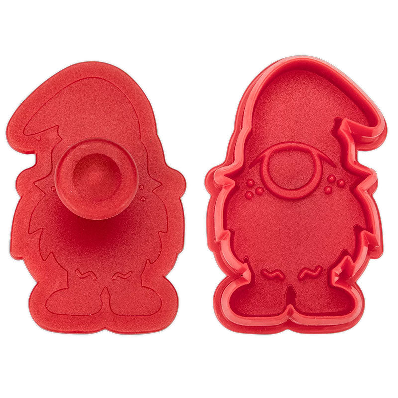 Keksstempel Wichtel, ca 6 cm in der Farbe rot, der Stempel funktioniert durch drücken des Hebels, dadurch wird das Motiv auf den Teig gepresst und an der Seite direkt ausgeschnitten.