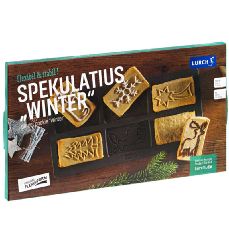 Spekulatius Flexiform aus Premium Silikon, auf der Verpackung sind fertig gebackene Spekulatius mit verschiedenen winterlichen Motiven mit und ohne Glasur abgebildet. Die Form ist von Lurch.