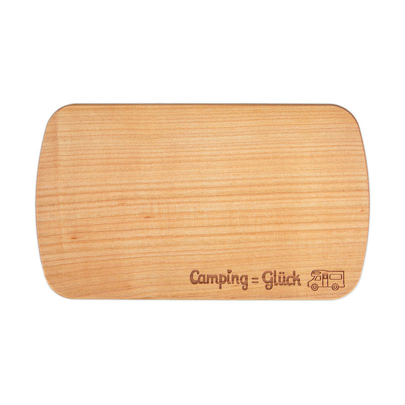 Vesper oder Brotzeitbrett aus Kirschbaumholz Oberfläche mit Weißöl geölt in der Größe 24 x 14 cm mit Lasergravur Camping = Glück und Wohnmobilmotiv