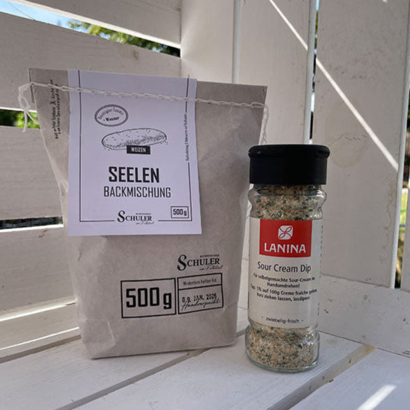 Backmischung Weizenseelen 500 g Tüte mit Gewürzmischung Sour Cream Dip im Gewürzglas vom Hersteller Lanina 