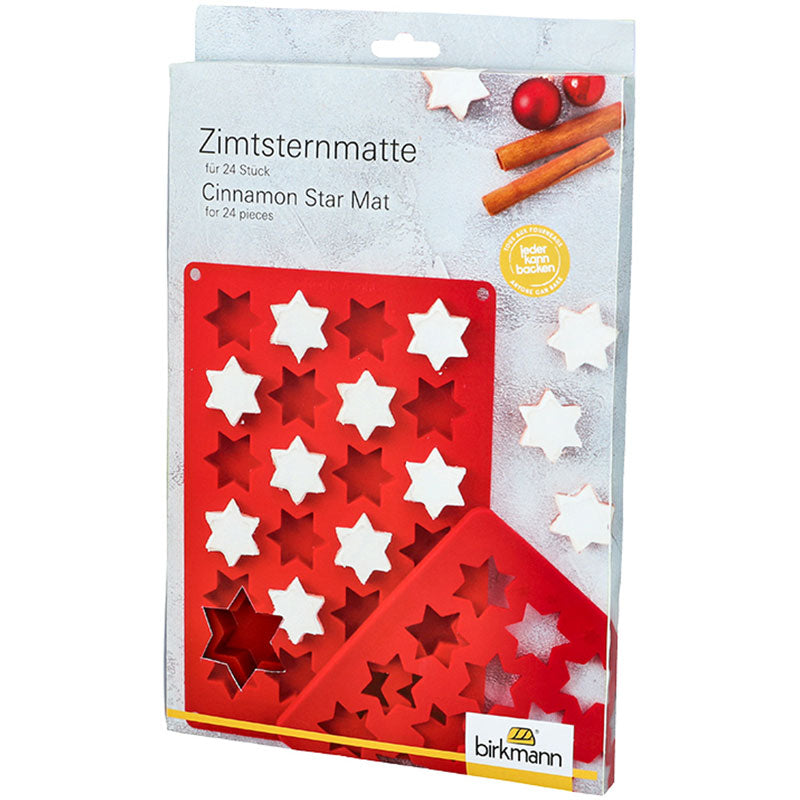 Zimtsternmatte in Rot für 24 selbstgemachte Zimtsterne von Birkmann. Auf der Verpackung ist die Matte mit fertigen Zimtsternen abgebildet.