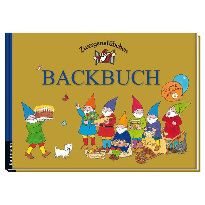 Kochbuch von Zwergenstübchen vom Verlag Kauffmann mit dem Titel: Backbuch. Auf dem goldenen Einband sind die illustrierten Zwerge am feiern, denn die Buchreihe Zwergenstübchen wird 20 Jahre alt. eigt die Zwerge an einem Gemüsestand einkaufen.