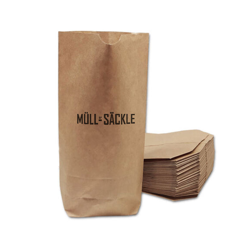 Eine braune originale Mehltüte als Müllsack bzw. Papiersack umfunktioniert mit dem Aufdruck Müller Säckle